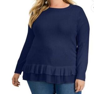 Style & Co navy blue ruffled chiffon hem size 2x light weight knit long sleeve